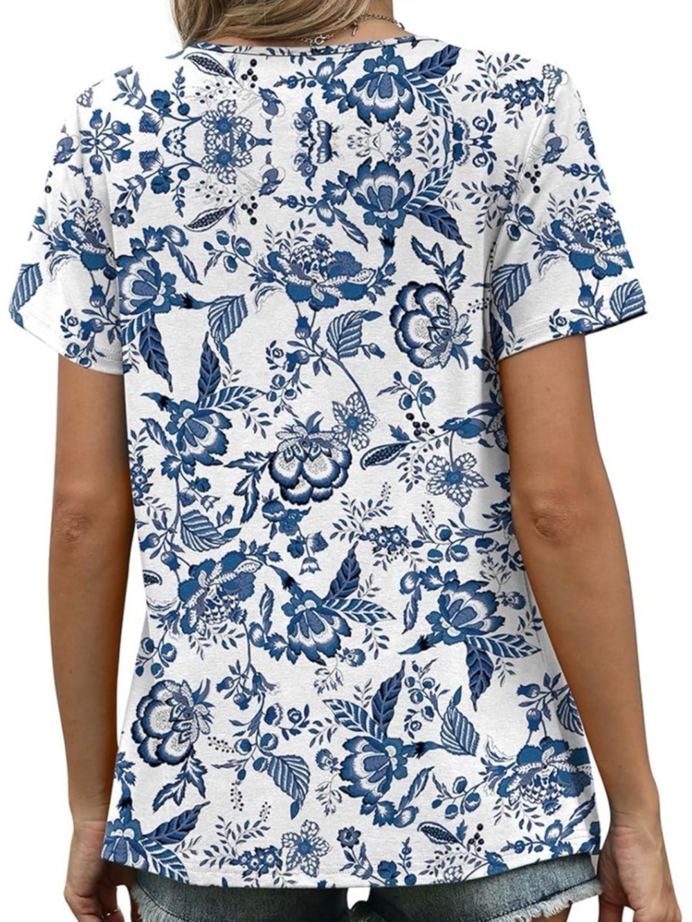 Boho Blue Floral Short-Sleeve Women's Top - Picture 5 of 5